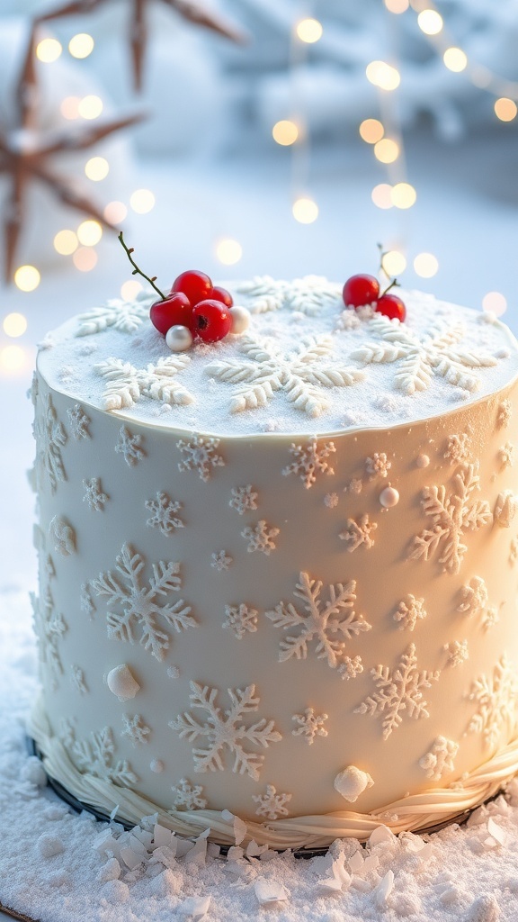 Winter Wonderland Christmas Cake Ideas A beautifully decorated winter wonderland Christmas cake with snowflakes, chocolate shavings, and berries on a festive table.